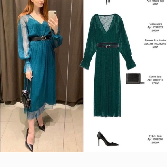 Zara Green Long Sleeve Dress Weddings Slip Sheer Midi Gorgeous Deep Green Small - Picture 9 of 16